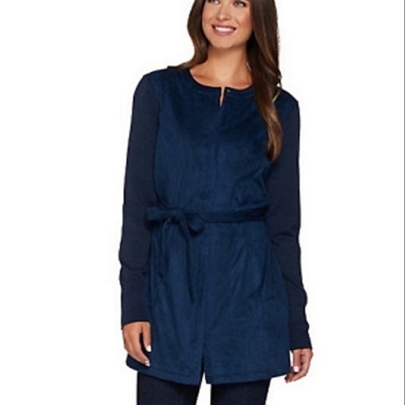 H By Halston Faux Suede Jacket W/Sweater Sleeves BLUE Sz 10 - Picture 1 of 11